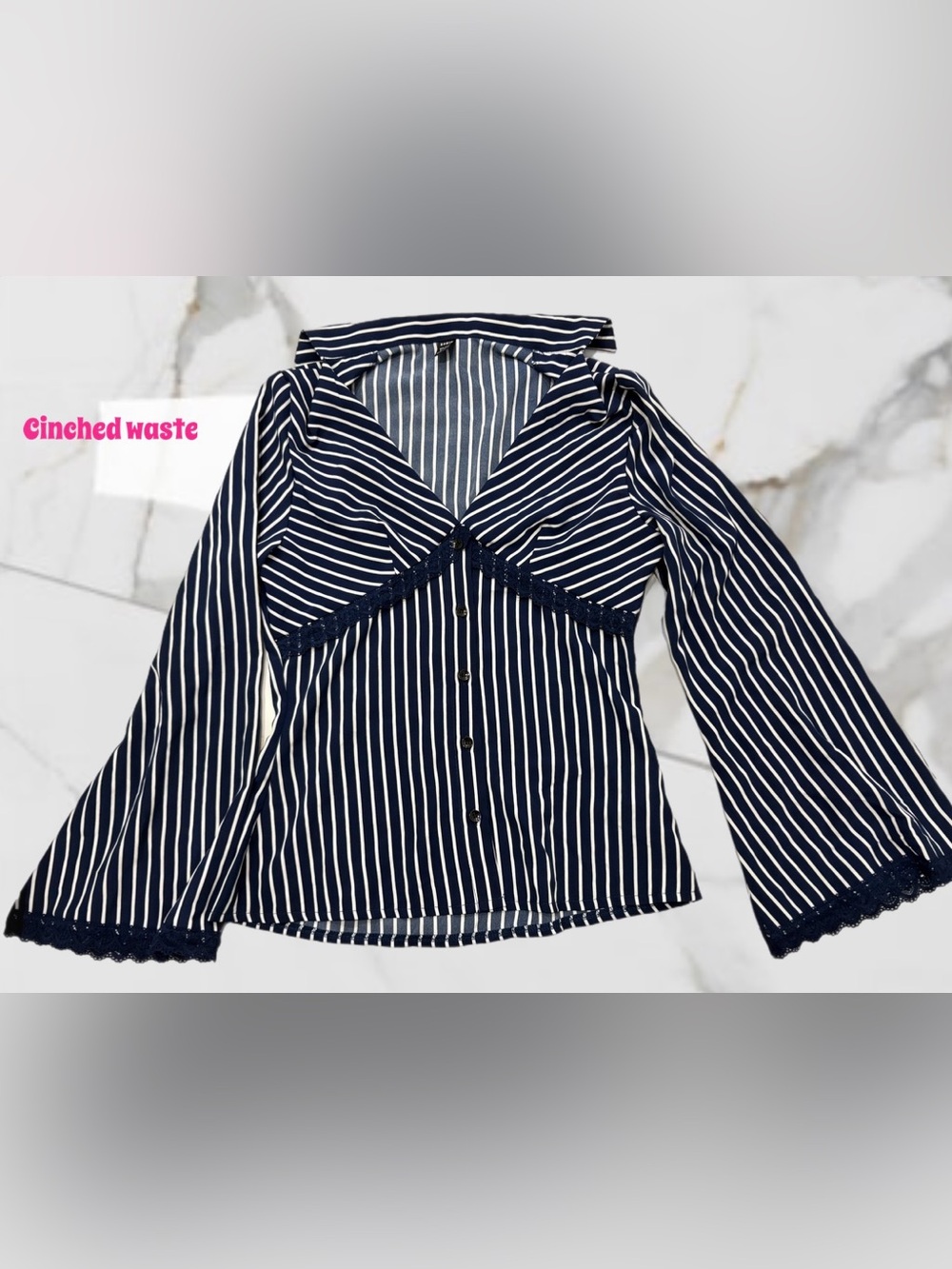 Striped Navy and White Button Front Women's Top ( Medium)